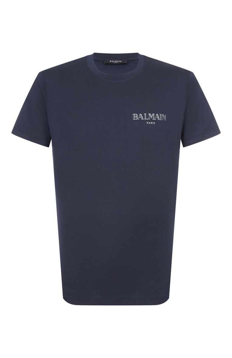 Мужская хлопковая футболка BALMAIN темно-синего цвета, арт. EH0EF000/BC98 | Фото 1 (Материал внешний: Хлопок; Длина (для топов): Стандартные; Рукава: Короткие; Принт: С принтом; Стили: Кэжуэл; Мужское Кросс-КТ: Футболка-одежда)