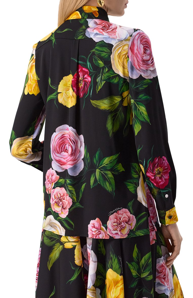 Женская шелковая блузка DOLCE & GABBANA разноцветного цвета, арт. F5S48T/FSA7B | Фото 4 (Рукава: Длинные; Длина (для топов): Стандартные; Драгоценные камни: Проставлено; Материал внешний: Шелк; Материал сплава: Проставлено; Принт: С принтом; Кросс-КТ: костюм; Женское Кросс-КТ: Блуза-одежда; Стили: Романтичный)