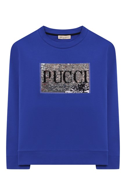 Детский хлопковый свитшот EMILIO PUCCI синего цвета, арт. 9N4040/NE020/10-14 | Фото 1 (Рукава: Длинные; Материал внешний: Хлопок; Девочки Кросс-КТ: Свитшот-одежда)