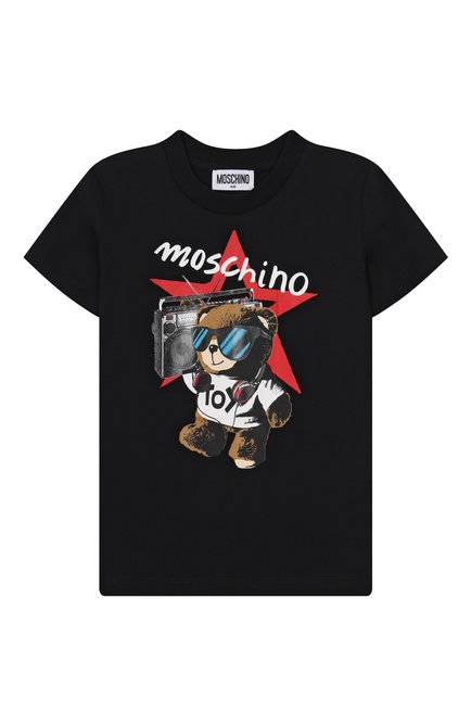 Детская хлопковая футболка MOSCHINO черного цвета, арт. HXM04K/LAA24/4-8 | Фото 1 (Рукава: Короткие; Материал сплава: Проставлено; Материал внешний: Хлопок; Драгоценные камни: Проставлено)