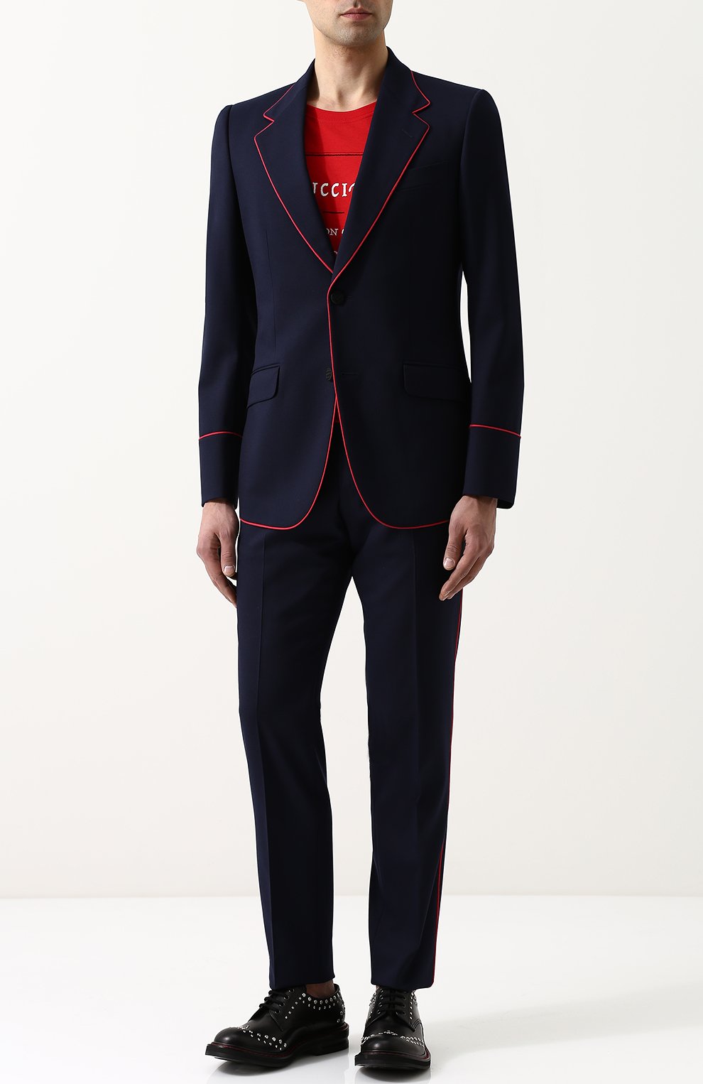 Шерстяной костюм с пиджаком на двух пуговицах GUCCI синего цвета по цене 285120 руб., арт. 451145/Z4967, фото 1 Шерстяной костюм с пиджаком на двух пуговицах GUCCI, арт. 451145/Z4967, фото 1