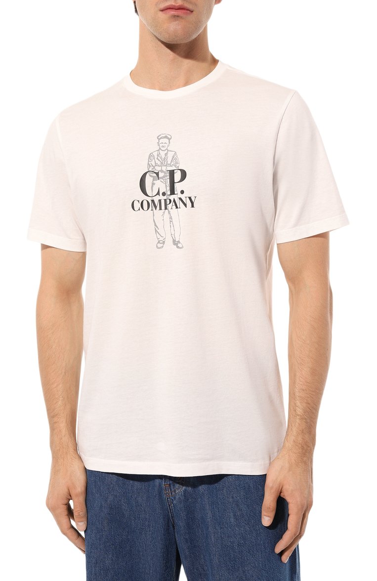 Мужская хлопковая футболка C.P. COMPANY белого цвета, арт. 15CMTS140A005100W | Фото 3 (Длина (для топов): Стандартные; Рукава: Короткие; Материал внешний: Хлопок; Принт: С принтом; Стили: Минимализм; Кросс-КТ: Джерси; Мужское Кросс-КТ: Футболка-одежда)