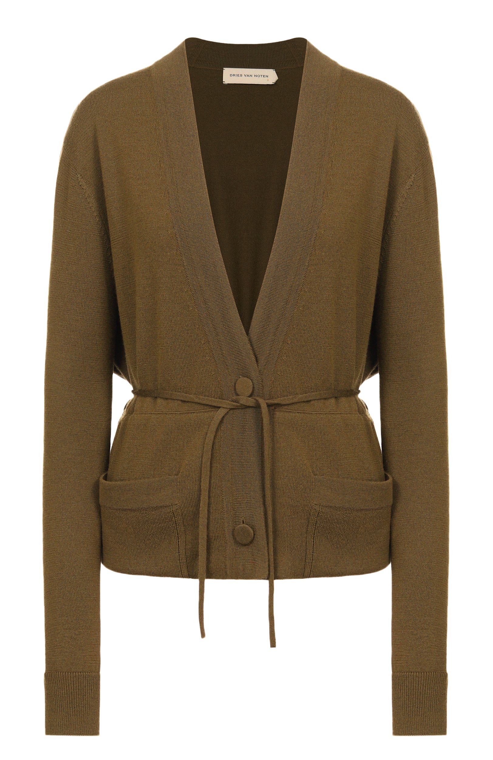 Шерстяной кардиган DRIES VAN NOTEN хаки цвета по цене 99500 руб., арт. 011218/4700, фото 1 Шерстяной кардиган DRIES VAN NOTEN, арт. 011218/4700, фото 1