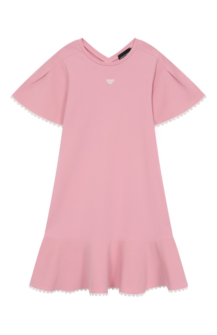 Детское хлопковое платье EMPORIO ARMANI розового цвета, арт. EG000130/AF13450 | Фото 1 (Автоматизация состава: Проставлено; Автоматизация ТО: Проставлено; Рукава: Короткие; Материал внешний: Хлопок; Девочки Кросс-КТ: Платье-одежда; Случай: Повседневный; Ростовка одежда: 4 года | 104 см, 6 лет | 116 см, 8 лет | 128 см, 13 - 15 лет | 158 см, 10 - 11 лет | 140 - 146см, 5 лет | 110 см, 7 лет | 122 см)