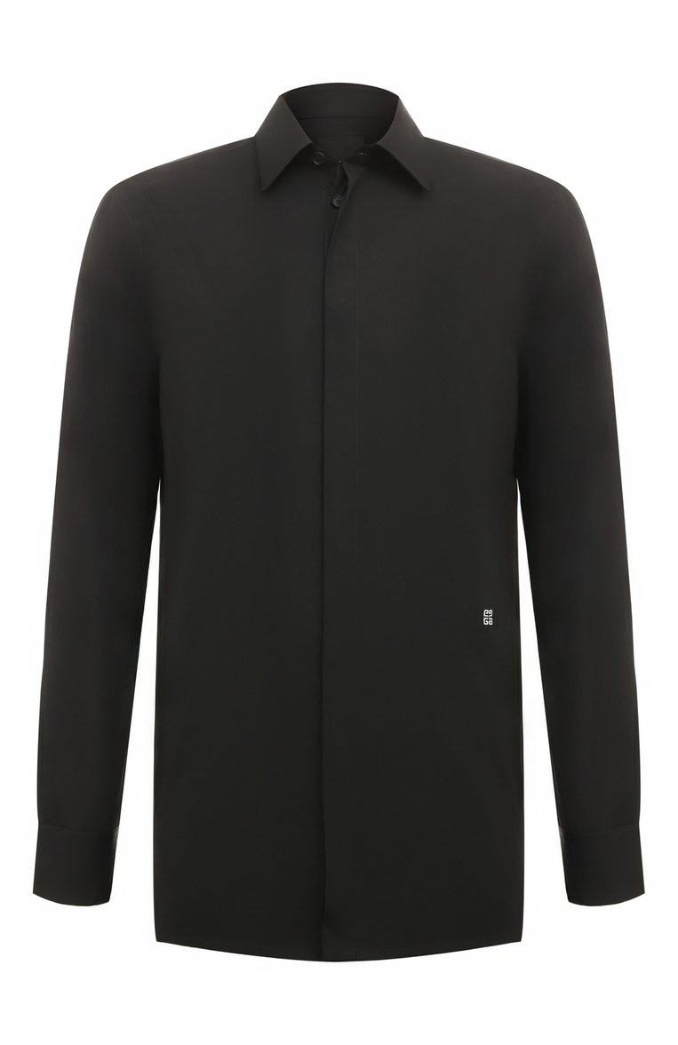 Мужская хлопковая рубашка GIVENCHY черного цвета, арт. BM60PQ14M6 | Фото 1 (Рукава: Длинные; Материал внешний: Хлопок; Длина (для топов): Стандартные; Манжеты: На пуговицах; Случай: Повседневный; Стили: Кэжуэл; Принт: Однотонные; Рубашки М: Regular Fit; Воротник: Акула; Автоматизация ТО: Проставлено; Автоматизация состава: Проставлено)