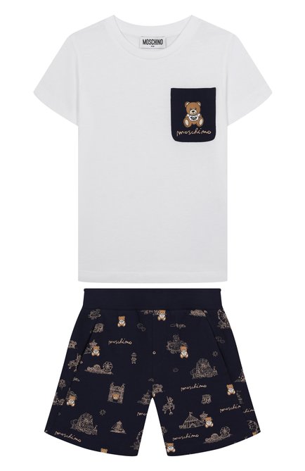 Детского комплект из футболки и шорт MOSCHINO темно-синего цвета, арт. HUG00P/LCB60/4-8 | Фото 1 (Материал сплава: Проставлено; Рукава: Короткие; Драгоценные камни: Проставлено; Материал внешний: Хлопок)