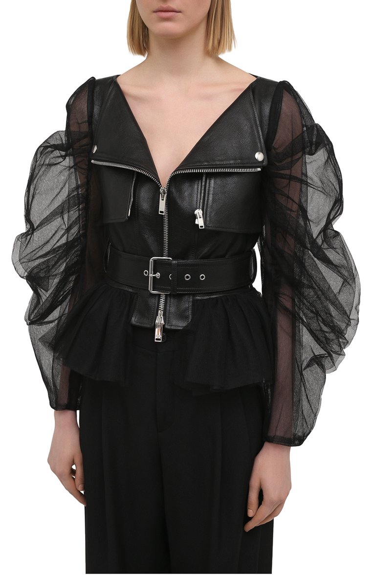 Женская кожаная куртка ALEXANDER MCQUEEN черного цвета, арт. 659837/Q5AF7 | Фото 3 (Рукава: Длинные; Длина (верхняя одежда): Короткие; Материал подклада: Шелк; Женское Кросс-КТ: Замша и кожа; Стили: Гранж; Материал внешний: Натуральная кожа; Кросс-КТ: Куртка, Легкие; Региональные ограничения белый список (Axapta Mercury): RU)