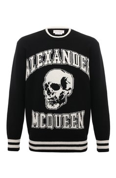 Мужской свитер из шерсти и кашемира ALEXANDER MCQUEEN черного цвета, арт. 760760/Q1XII | Фото 1 (Материал внешний: Шерсть; Рукава: Длинные; Длина (для топов): Стандартные; Стили: Гранж; Принт: С принтом; Материал сплава: Проставлено; Мужское Кросс-КТ: Свитер-одежда; Драгоценные камни: Проставлено)