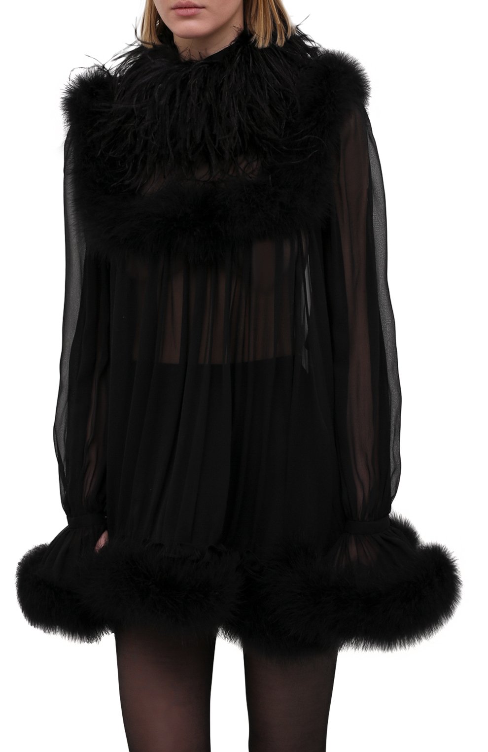 Шелковое платье с отделкой перьями SAINT LAURENT, арт. 655337/Y115W, фото 3