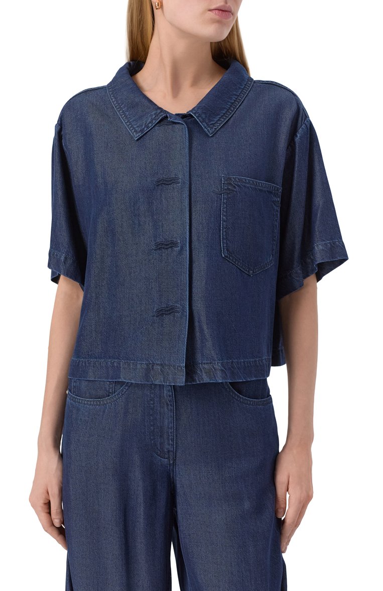Женская джинсовая рубашка GIORGIO ARMANI синего цвета, арт. GW000765/AF15323 | Фото 3 (Длина (для топов): Стандартные; Рукава: Короткие; Материал внешний: Деним, Хлопок; Женское Кросс-КТ: Рубашка-одежда; Кросс-КТ: костюм, Деним; Стили: Кэжуэл; Принт: Без принта; Автоматизация ТО: Проставлено; Автоматизация состава: Проставлено; Детали: Декор)