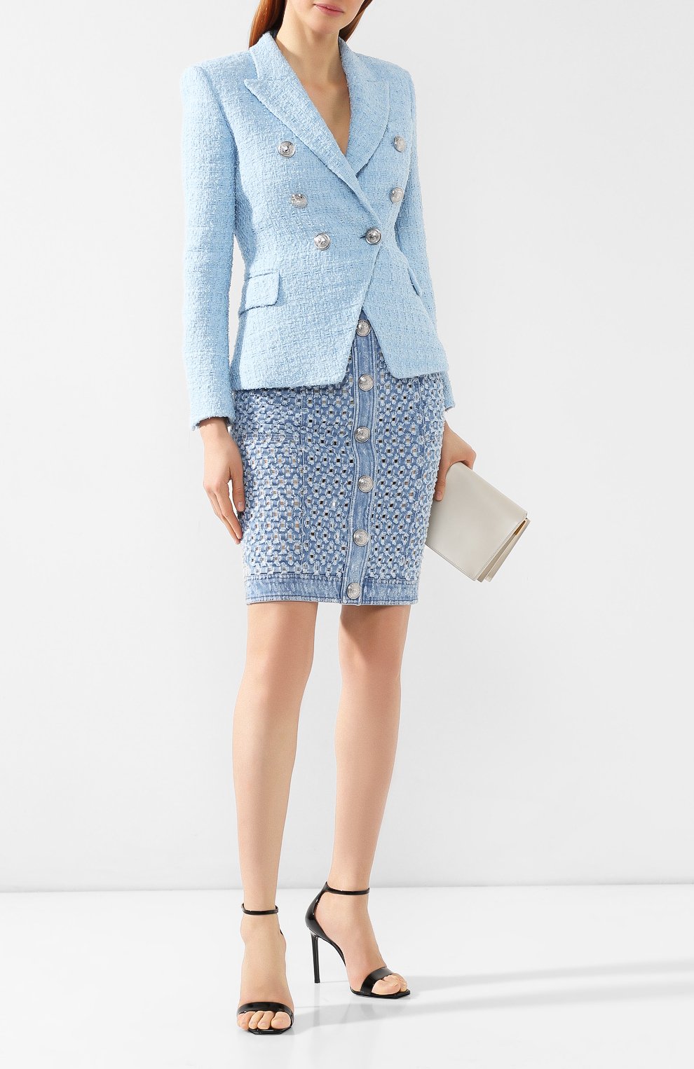 Двубортный жакет BALMAIN голубого цвета по цене 214500 руб., арт. RF07150/C138, фото 2 Двубортный жакет BALMAIN, арт. RF07150/C138, фото 2