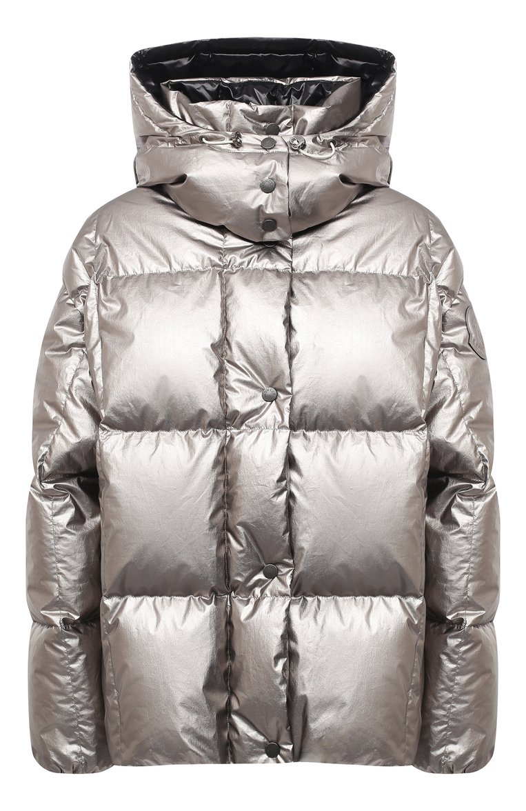 Женский пуховик MONCLER серебряного цвета, арт. F2-093-1A51N-00-V0124 | Фото 1 (Рукава: Длинные; Материал утеплителя: Пух и перо; Длина (верхняя одежда): Короткие; Материал подклада: Синтетический материал; Материал внешний: Хлопок; Женское Кросс-КТ: Пуховик-куртка; Стили: Спорт-шик; Кросс-КТ: Пуховик; Драгоценные камни: Проставлено; Материал сплава: Проставлено)