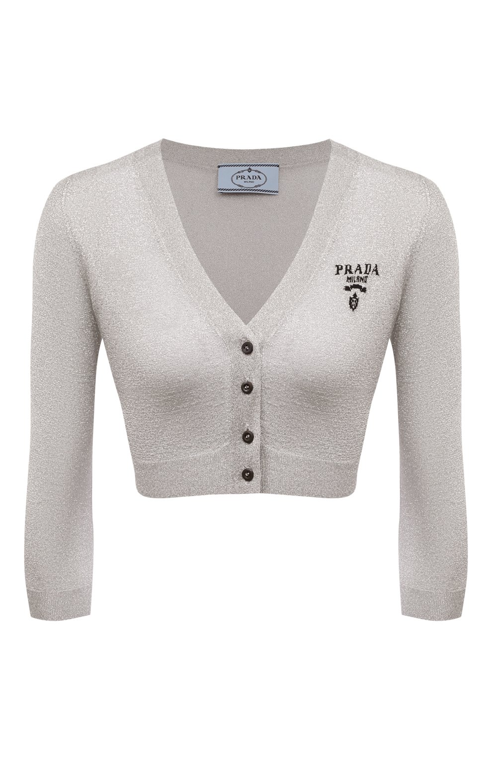 Кардиган PRADA серебряного цвета по цене 125000 руб., арт. P25I67-1Z50-F0118-221, фото 1 Кардиган PRADA, арт. P25I67-1Z50-F0118-221, фото 1
