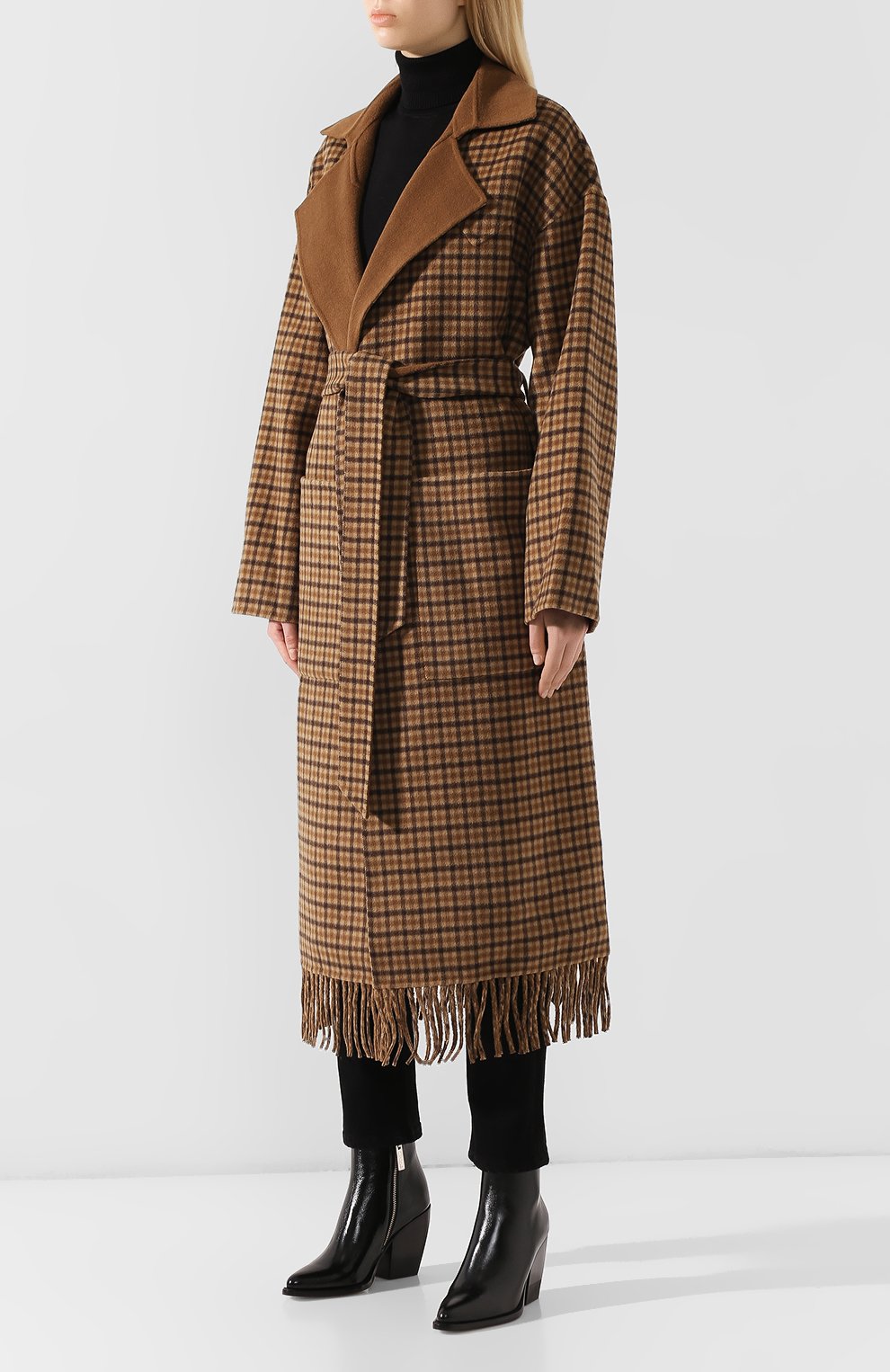 Пальто из смеси шерсти и шелка NANUSHKA, арт. ALAM0_BR0WN CHECK FRINGE_D0UBLE W00L, фото 3
