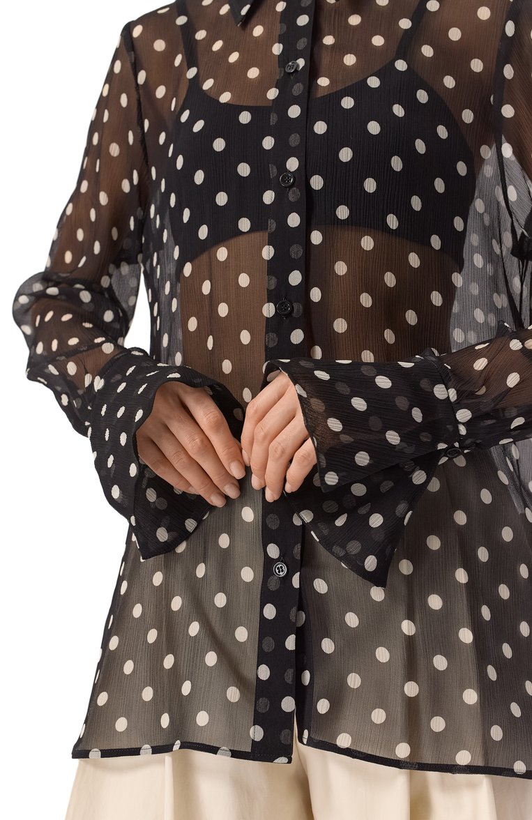 Женская шелковая блузка NINA RICCI черного цвета, арт. 25PCT0007/SE1409 | Фото 5 (Рукава: Длинные; Длина (для топов): Стандартные; Материал внешний: Шелк; Стили: Кэжуэл; Женское Кросс-КТ: Блуза-одежда; Принт: С принтом)