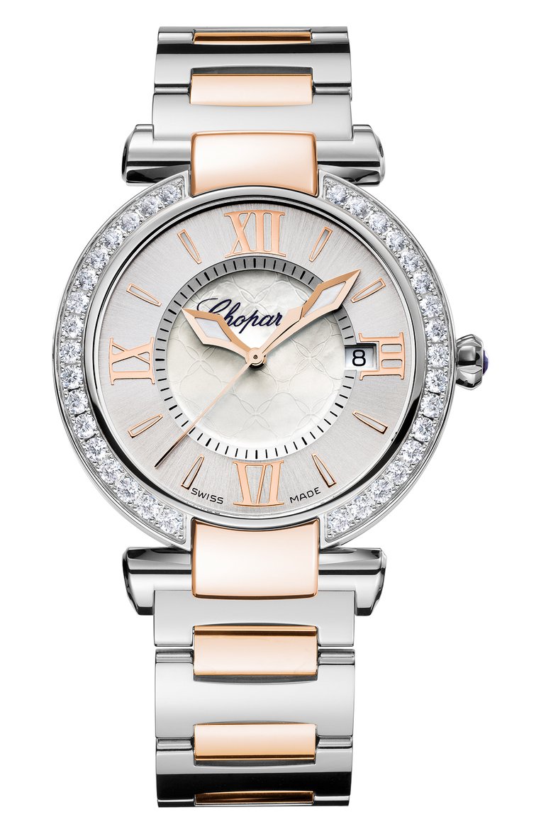 Женские часы imperiale CHOPARD бесцветного цвета, арт. 388532-6004 | Фото 1 (Цвет циферблата: Серебристый; Механизм: Кварц; Нос: Не проставлено; Региональные огра�ничения белый список (Axapta Mercury): Не проставлено; Материал корпуса: Сталь, Розовое золото)