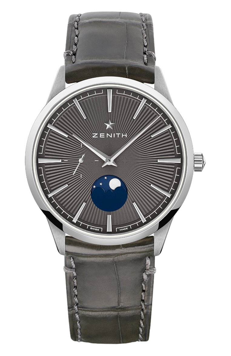 Мужские часы elite moonphase grey ZENITH бесцветного цвета, арт. 03.3100.692/03.C923 | Фото 1 (Цвет циферблата: Серый; Механизм: Автомат; Материал корпуса: Сталь; Региональные ограничения белый список (Axapta Mercury): Не проставлено; Нос: Не проставлено; Ограничения доставки: m-style)