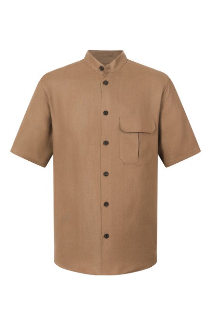 Мужская льняная рубашка CORNELIANI светло-коричневого цвета, арт. 25I207-2514108 | Фото 1 (Рукава: Короткие; Драгоценные камни: Проставлено; Материал внешний: Лен; Длина (для топов): Стандартные; Материал сплава: Проставлено)