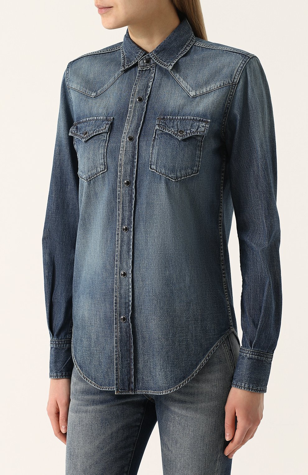Джинсовая блуза с накладными карманами и потертостями SAINT LAURENT, арт. 497526/Y880L, фото 3