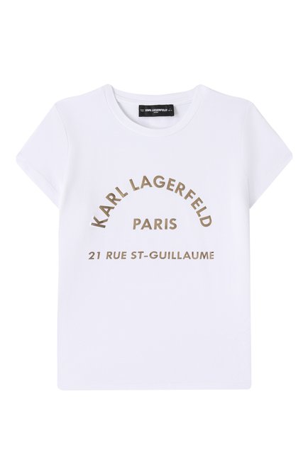 Детская хлопковая футболка KARL LAGERFELD KIDS белого цвета, арт. Z30447 | Фото 1 (Материал сплава: Проставлено; Рукава: Короткие; Драгоценные камни: Проставлено; Материал внешний: Хлопок)