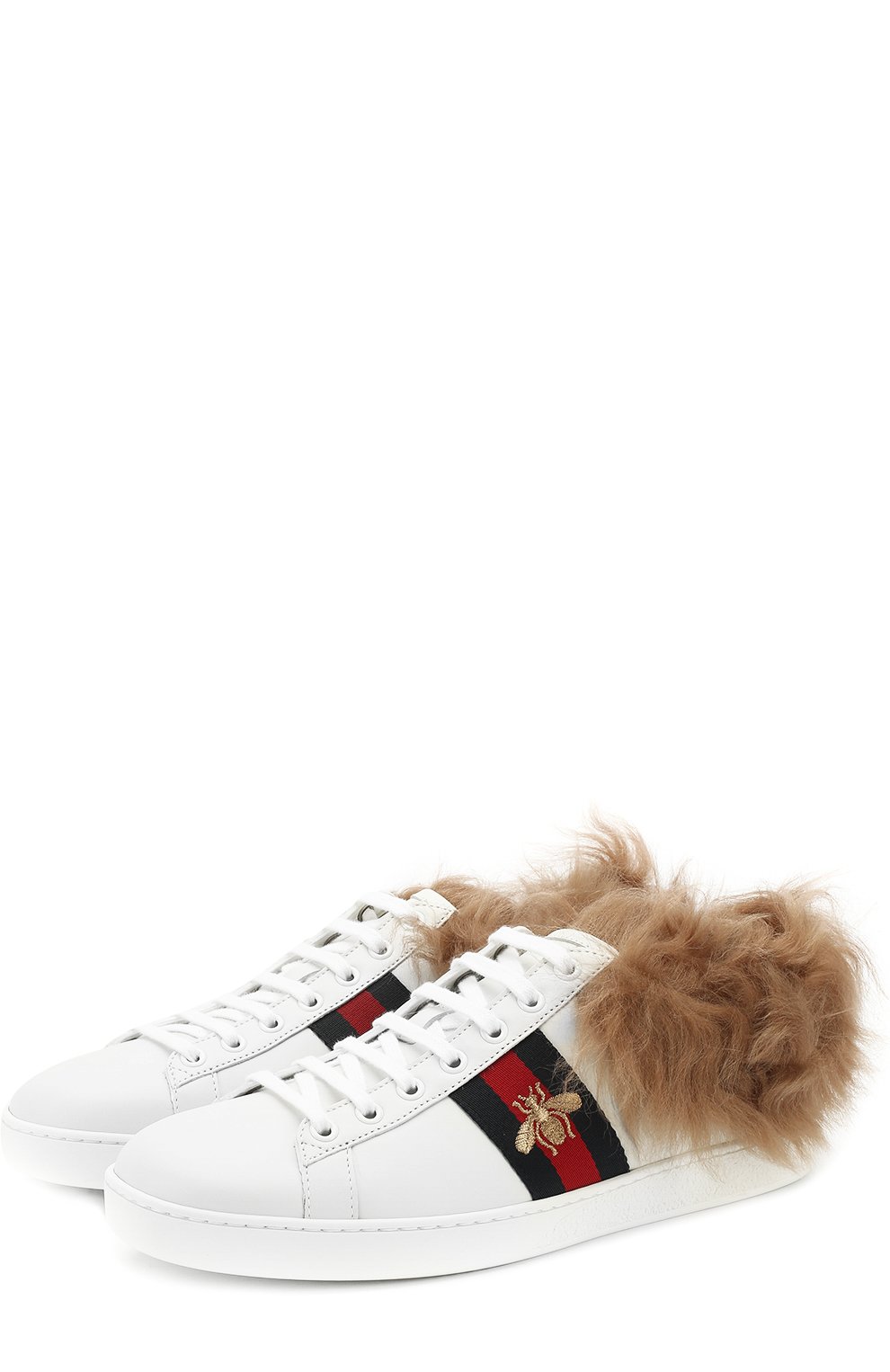 Кожаные кеды ace с отделкой из меха GUCCI, арт. 498199/0FI50, фото 1