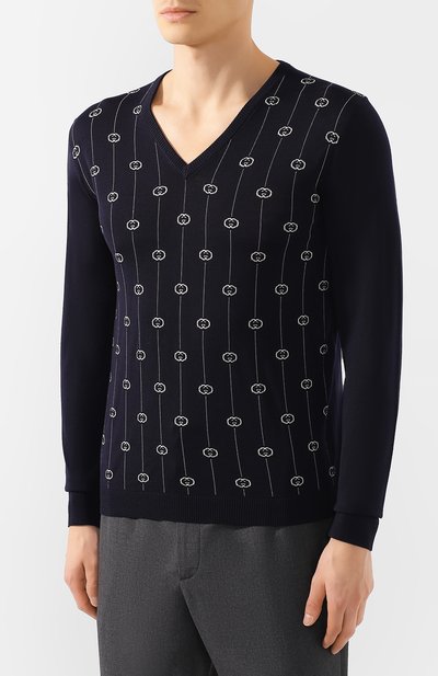 Шерстяной пуловер GUCCI синего цвета по цене 112320 руб., арт. 576902/XKAUM, фото 3 Шерстяной пуловер GUCCI, арт. 576902/XKAUM, фото 3