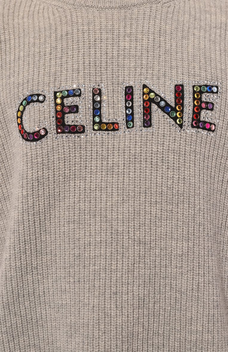 Мужской шерстяной свитер CELINE серого цвета, арт. 2AG77/445U | Фото 5 (Длина (для топов): Стандартные; Рукава: Длинные; Материал внешний: Шерсть; Принт: С принтом; Мужское Кросс-КТ: Свитер-одежда; Стили: Кэжуэл; Автоматизация состава: Проставлено; Детали: Декор; Автоматизация ТО: Проставлено)