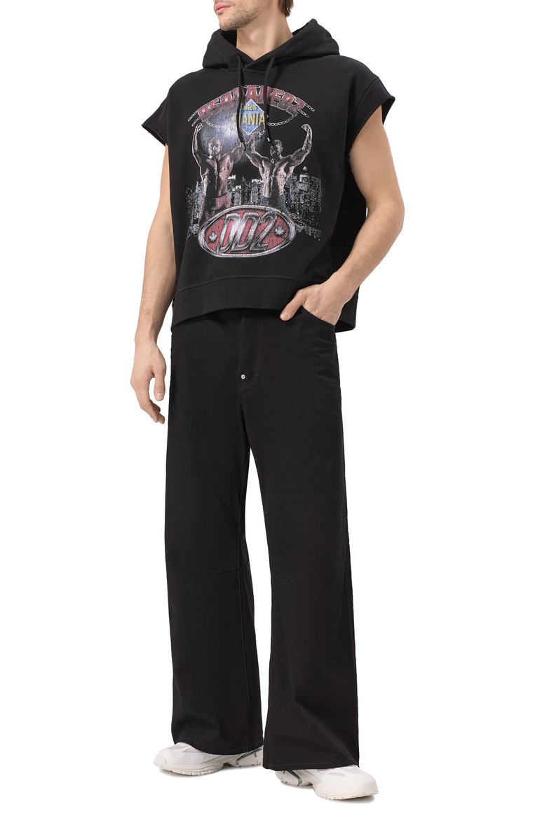 Мужской хлопковое худи DSQUARED2 черного цвета, арт. S71GU0721/S25551 | Фото 2 (Длина (для топов): Стандартные; Рукава: Короткие; Принт: С принтом; Мужское Кросс-КТ: Худи-одежда; Стили: Спорт-шик; Материал внешний: Хлопок)