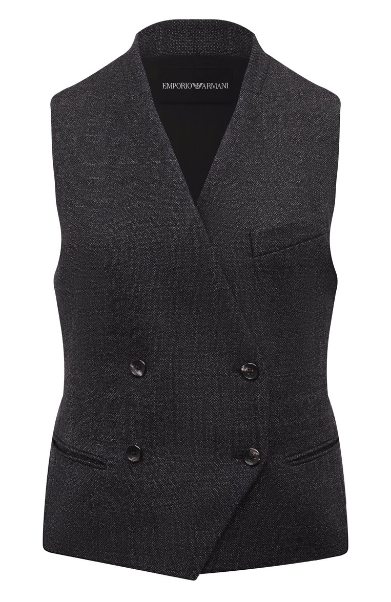 Женский шерстяной жилет EMPORIO ARMANI темно-синего цвета, арт. EW001093/TE11222 | Фото 1 (Материал внешний: Шерсть; Длина (верхняя одежда): Короткие; Женское Кросс-КТ: Жилет-одежда; Кросс-КТ: костюм; Стили: Классический)