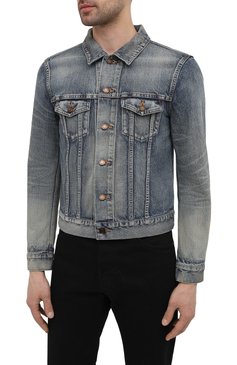 Мужская джинсовая куртка SAINT LAURENT синего цвета, арт. 597085/Y502V | Фото 3 (Кросс-КТ: Куртка, Деним; Рукава: Длинные; Материал сплава: Проставлено; Материал внешний: Хлопок; Драгоценные камни: Проставлено; Длина (верхняя одежда): Короткие; Стили: Кэжуэл)