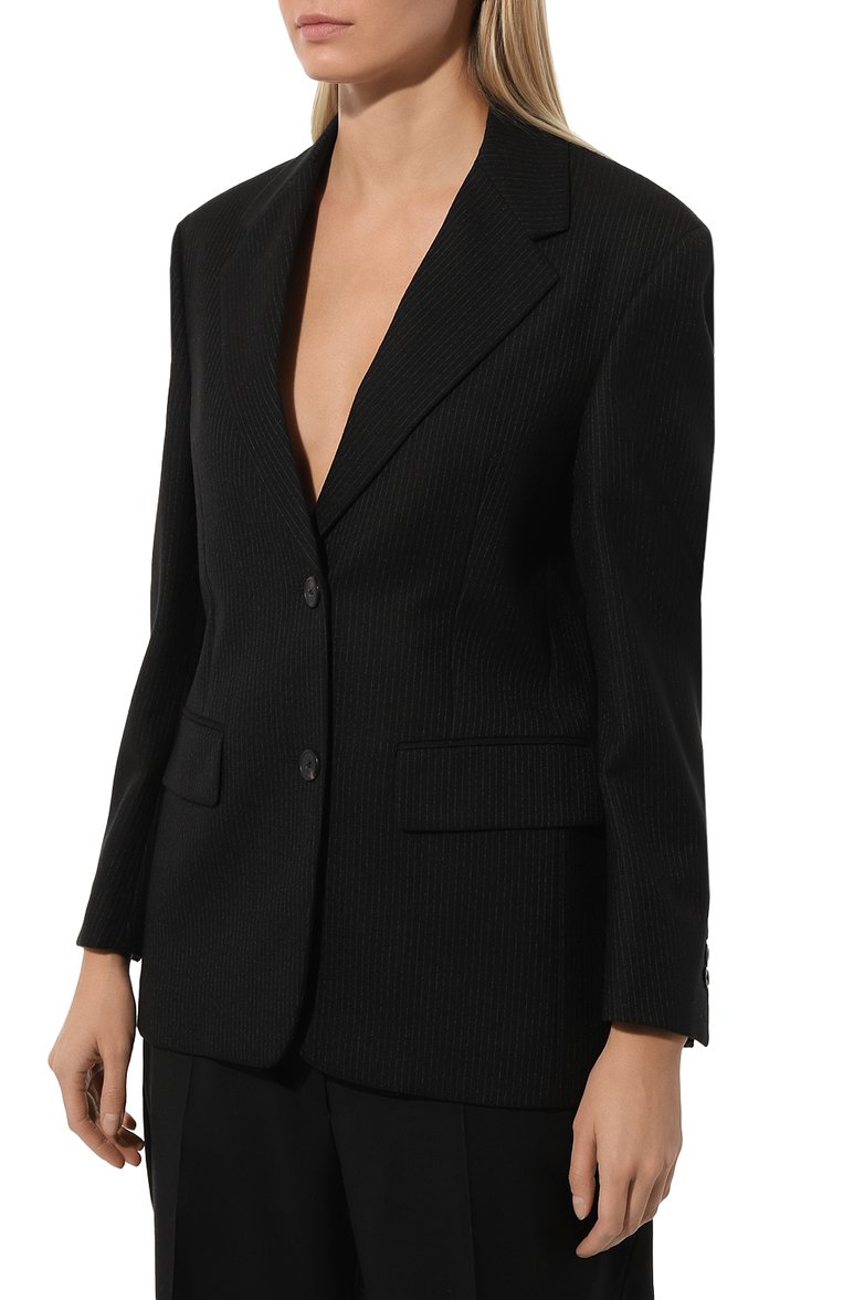 Женский шерстяной жакет PRADA черного цвета, арт. P599L-1ZM7-F0002-212 | Фото 3 (Материал внешний: Шерсть; Длина (для топов): Удлиненные; Рукава: Длинные; 1-2-бортные: Однобортные; Женское Кросс-КТ: Жакет-одежда; Стили: Классический; Автоматизация состава: Проставлено; Автоматизация ТО: Проставлено)