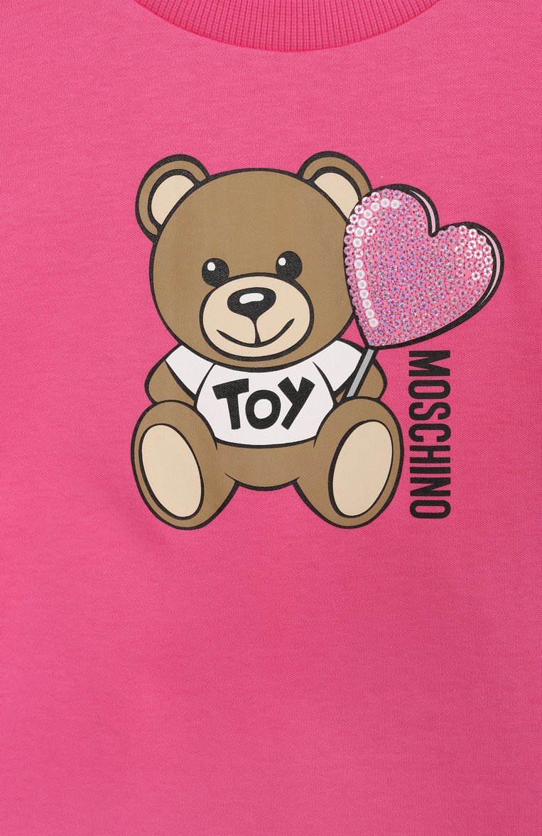 Детское хлопковое платье MOSCHINO фуксия цвета, арт. HDV0G9/LAA40/4-8 | Фото 3 (Материал внешний: Хлопок; Рукава: Короткие; Девочки Кросс-КТ: Платье-одежда; Случай: Повседневный; Тематический товар: Teddy Bear; Автоматизация состава: Проставлено; Автоматизация ТО: Проставлено; Ростовка одежда: 5 лет | 110 см, 8 лет | 128 см, 6 лет | 116 см, 4 года | 104 см)