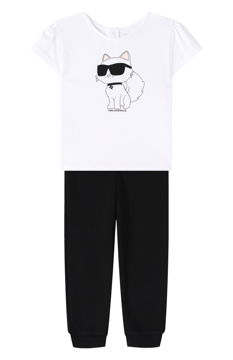Детская комплект из футболки и брюк KARL LAGERFELD KIDS черно-белого цвета, арт. Z30517. | Фото 1 (Материал сплава: Проставлено; Материал внешний: Хлопок; Девочки Кросс-КТ: Костюмы-спорт; Рукава: Короткие; Драгоценные камни: Пр�оставлено; Ростовка одежда: 24 мес | 92 см)
