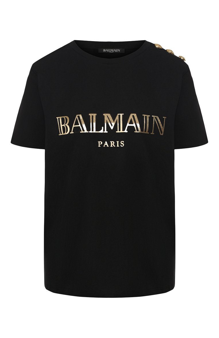 Женская хлопковая футболка BALMAIN черного цвета, арт. RF11077/I042 | Фото 1 (Материал внешний: Хлопок; Длина (для топов): Стандартные; Рукава: Короткие; Стили: Спорт-шик; Статус проверки: Проверена категория; Принт: С принтом; Женское Кросс-КТ: Футболка-одежда; Материал сплава: Проверено, Проставлено; Драгоценные камни: Проставлено)