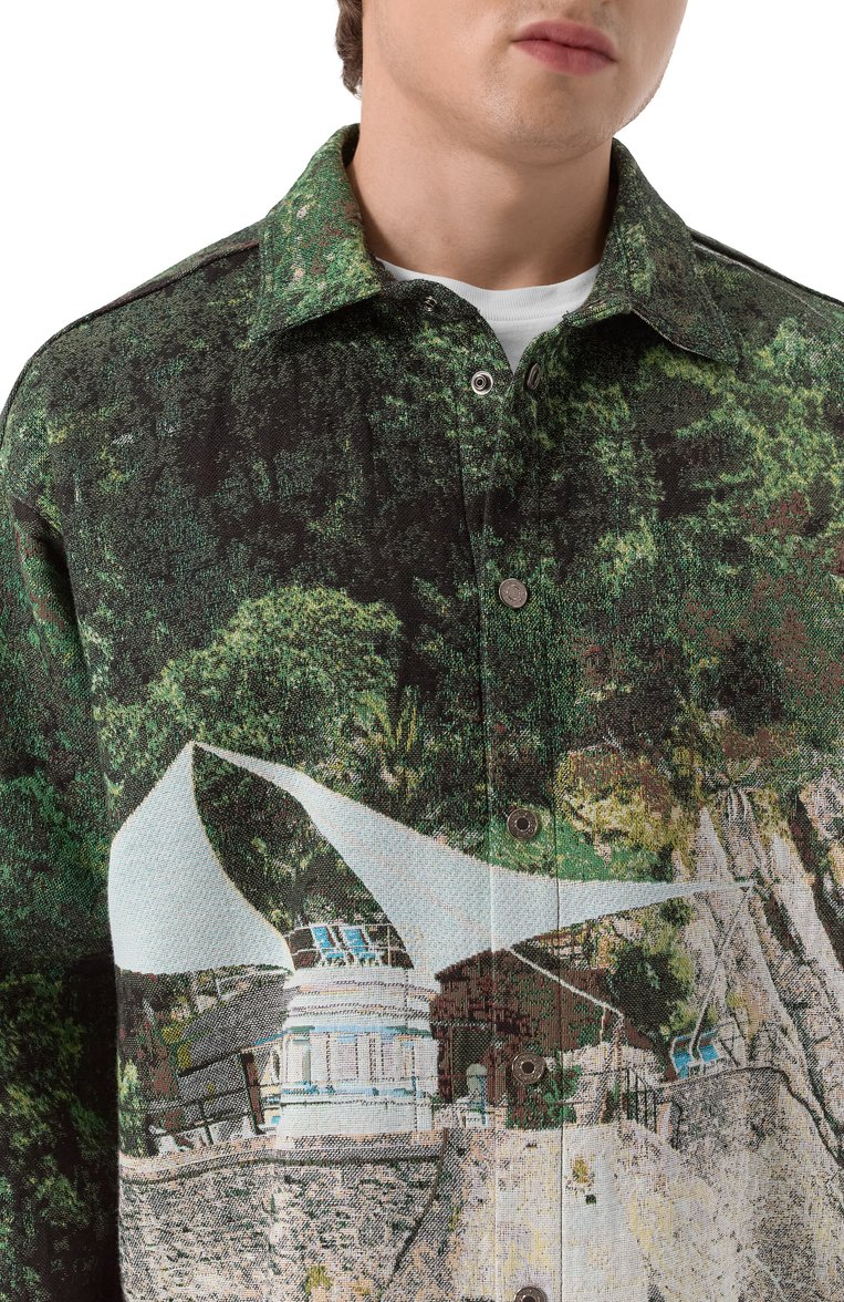 Мужская куртка-рубашка MSGM зеленого цвета, арт. 3840ME18/257055 | Фото 5 (Материал внешний: Хлопок, Синтетический материал; Рукава: Длинные; Длина (верхняя одежда): До середины бедра; Мужское Кросс-КТ: Куртка-рубашка; Стили: Кэжуэл; Кросс-КТ: Легкие; Автоматизация состава: Проставлено; Автоматизация ТО: Проставлено)