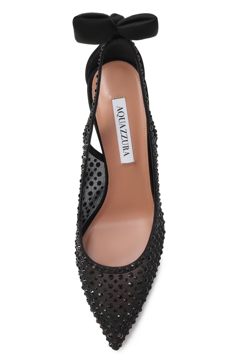 Женские текстильные туфли bow tie crystal 85 AQUAZZURA черного цвета, арт. DCTMIDP0-STT-000 | Фото 6 (Подошва: Плоская; Каблук высота: Высокий; Материал внутренний: Натуральная кожа; Материал внешний: Текстиль; Каблук тип: Шпилька)