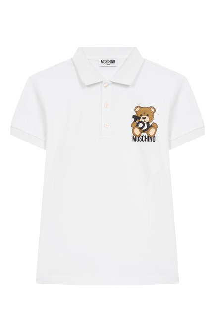 Детское хлопковое поло MOSCHINO белого цвета, арт. HRM03Y/LFA01/10-14 | Фото 1 (Драгоценные камни: Проставлено; Материал внешний: Хлопок; Материал сплава: Проставлено; Рукава: Короткие)