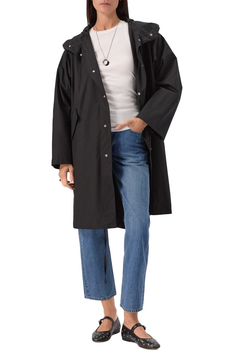 Женский хлопковый плащ JIL SANDER черного цвета, арт. J04AH0002-J45026 | Фото 2 (Длина (верхняя одежда): До колена; Материал внешний: Хлопок; Рукава: Длинные; Кросс-КТ: Куртка; Стили: Минимализм; Автоматизация состава: Проставлено; Автоматизация ТО: Проставлено)