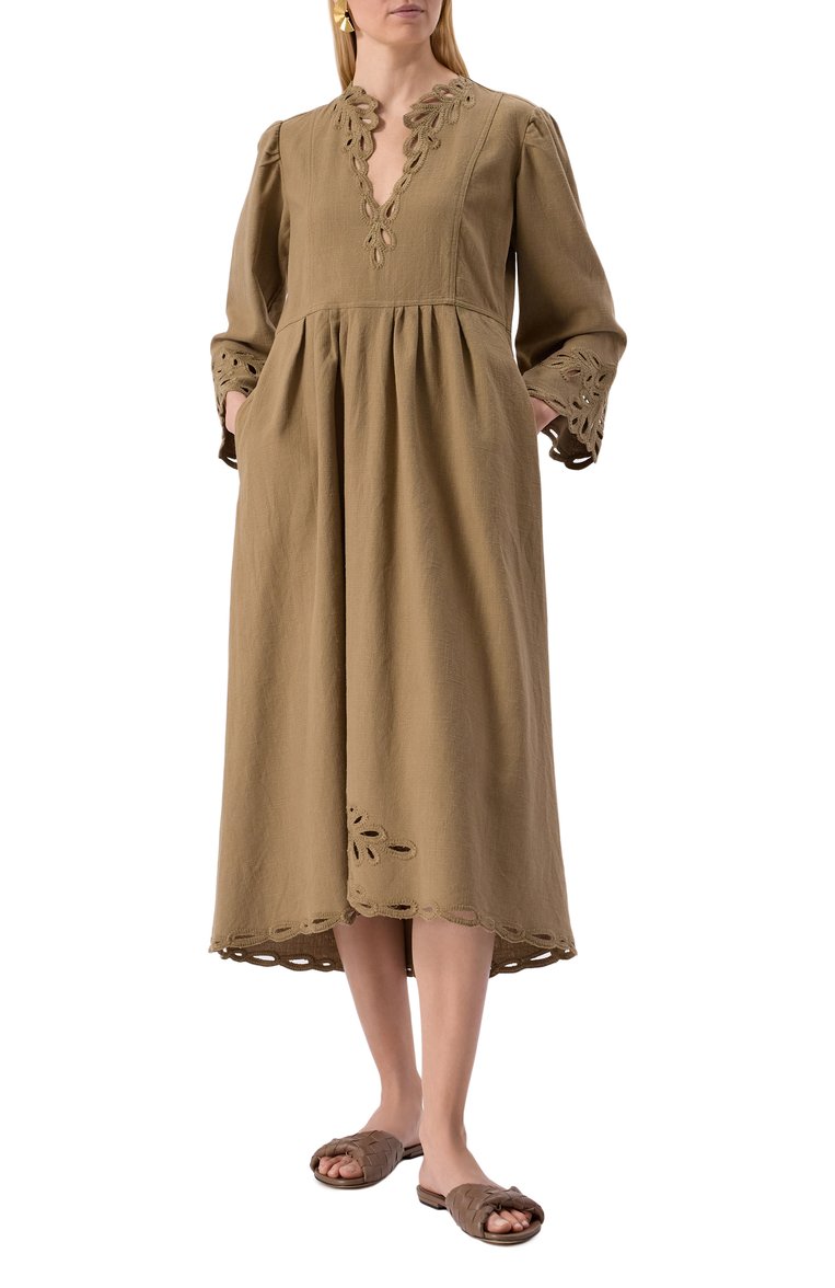Женское хлопковое платье ISABEL MARANT ETOILE хаки цвета, арт. 25PR00656FA/C1J12E | Фото 3 (Длина Ж (юбки, платья, шорты): Миди; Материал внешний: Хлопок; Драгоценные камни: Проставлено; Материал сплава: Проставлено; Рукава: Длинные; Случай: Повседневный; Женское Кросс-КТ: Платье-одежда; Стили: Кэжуэл)