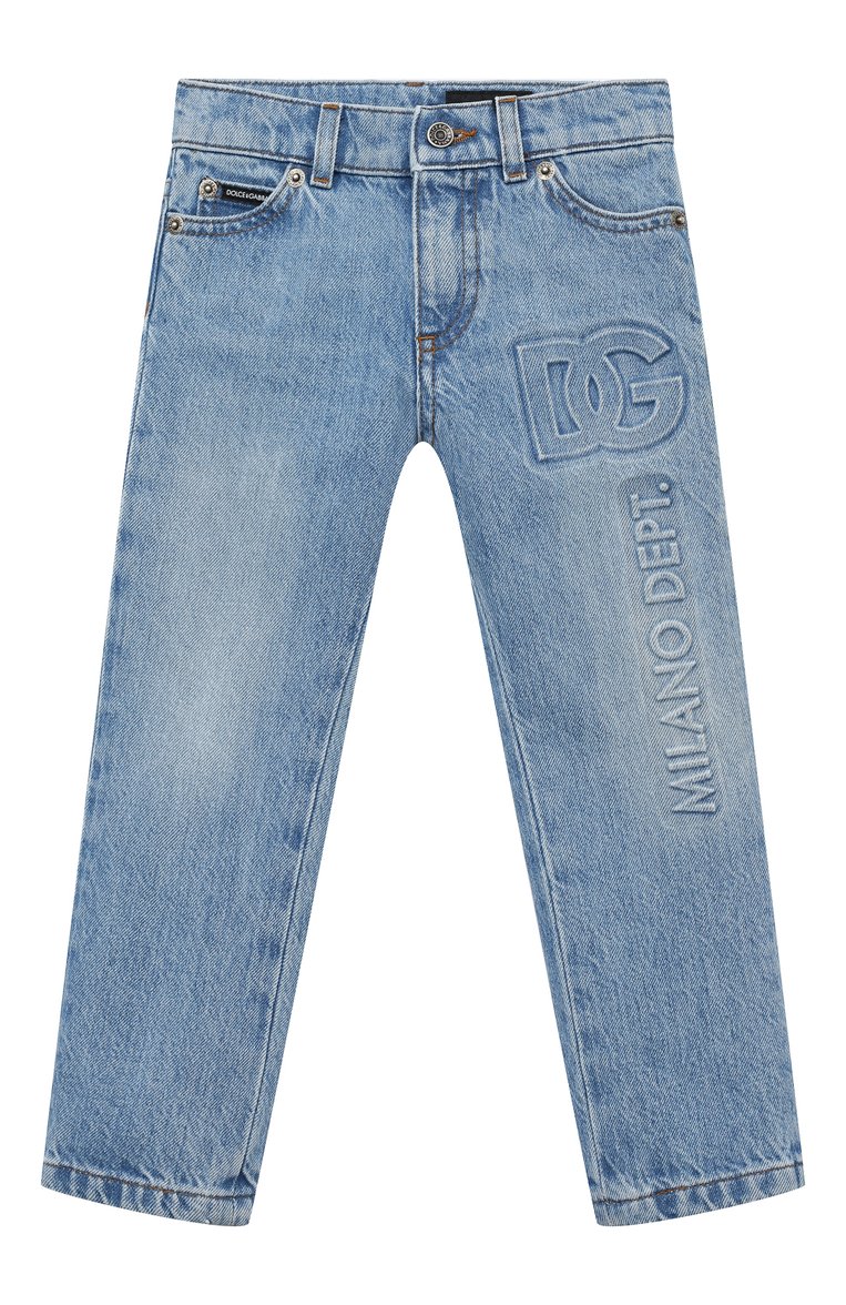 Детские джинсы DOLCE & GABBANA голубого цвета, арт. L42F59/LDC04/2-6 | Фото 1 (Материал внешний: Хлопок; Нос: Не проставлено; Детали: Декор)