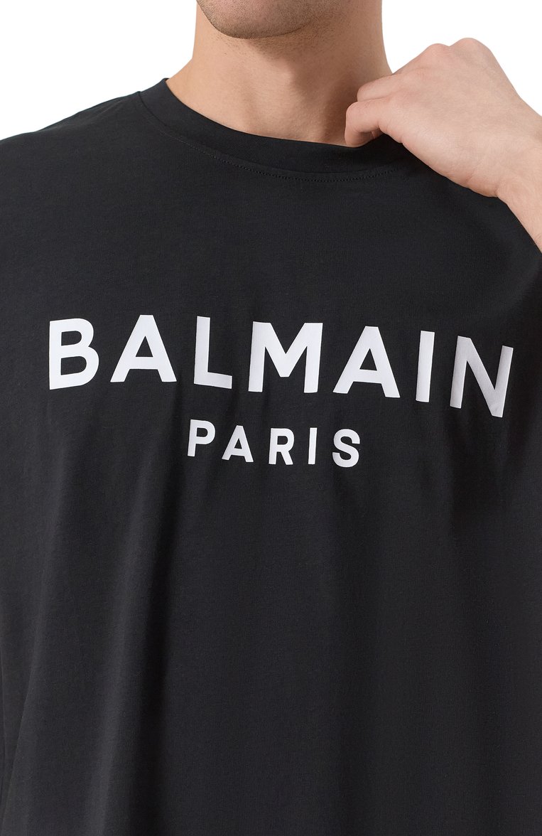 Мужская хлопковая футболка BALMAIN черного цвета, арт. EH1EG010/BB73 | Фото 5 (Длина (для топов): Ст�андартные; Драгоценные камни: Проставлено; Рукава: Короткие; Материал сплава: Проставлено; Стили: Кэжуэл; Принт: С принтом; Материал внешний: Хлопок; Мужское Кросс-КТ: Футболка-одежда; Кросс-КТ: Джерси)