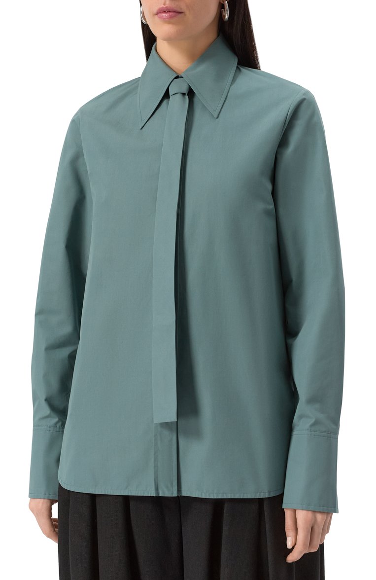Женская хлопковая рубашка JIL SANDER бирюзового цвета, арт. J03DL0196-J45002 | Фото 3 (Длина (для топов): Удлиненные; Материал внешний: Хлопок; Рукава: Длинные; Автоматизация состава: Проставлено; Автоматизация ТО: Проставлено; Стили: Классический; Женское Кросс-КТ: Блуза-одежда; Принт: Без принта)