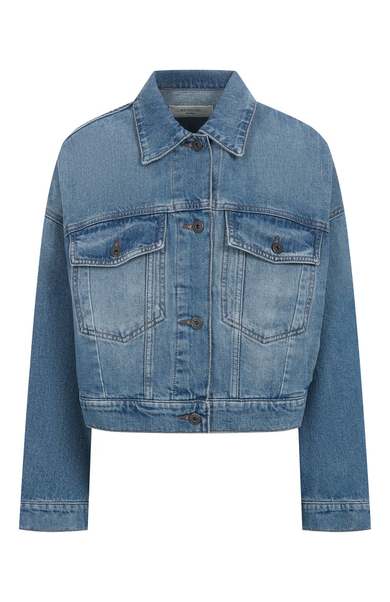Женская джинсовая куртка WEEKEND MAX MARA голубого цвета, арт. FIUMANA | Фото 1 (Рукава: Длинные; Материал внешний: Хлопок, Деним; Длина (верхняя одежда): Короткие; Автоматизация состава: Проставлено; Автоматизация ТО: Проставлено; Кросс-КТ: Деним, Куртка, Легкие; Стили: Кэжуэл)