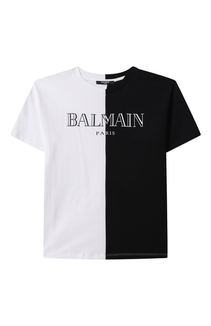 Детская хлопковая футболка BALMAIN черно-белого цвета, арт. BW8Q01 | Фото 1 (Драгоценные камни: Проставлено; Рукава: Короткие; Материал сплава: Проставлено)