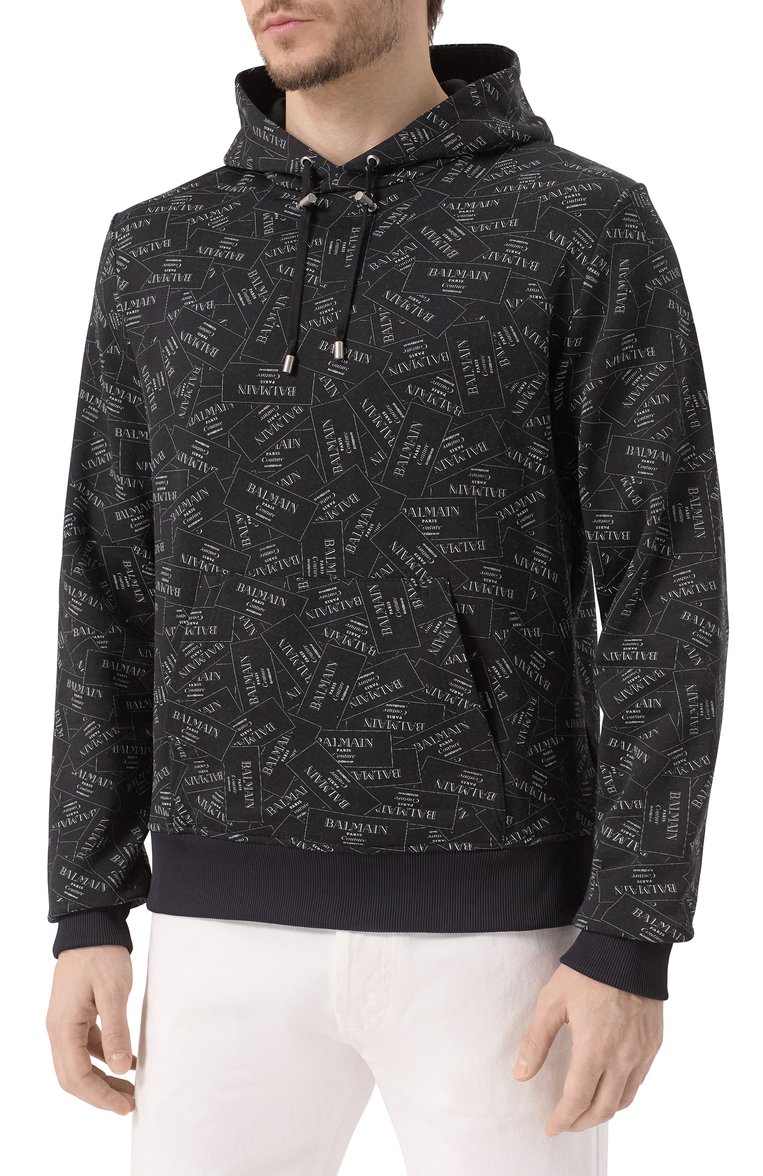 Мужской худи BALMAIN черного цвета, арт. EH1JT047/GE38 | Фото 3 (Длина (для топов): Стандартные; Материал �внешний: Хлопок, Синтетический материал; Рукава: Длинные; Принт: С принтом; Мужское Кросс-КТ: Худи-одежда; Стили: Спорт-шик)