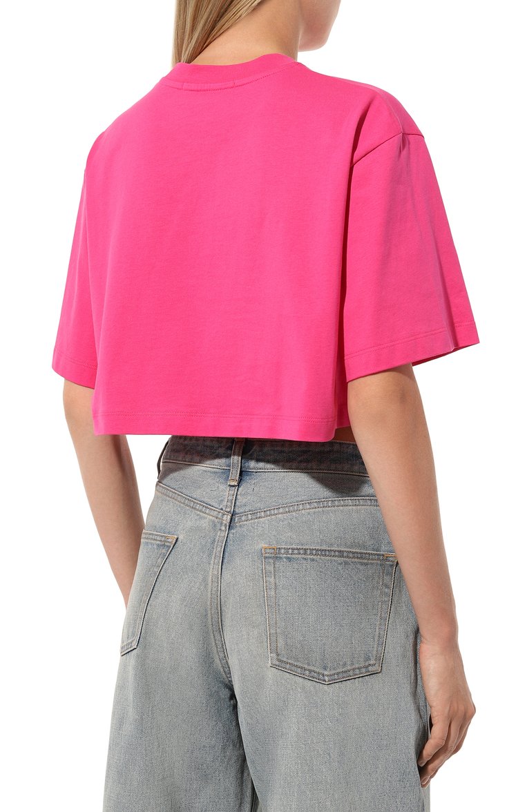 Женская хлопковая футболка MSGM фуксия цвета, арт. 3641MDM100/247002 | Фото 4 (Длина (для топов): Укороченные; Драгоценные камни: Проставлено; Рукава: Короткие; Материал сплава: Проставлено; Материал внешний: Хлопок; Принт: С принтом; Стили: Спорт-шик)