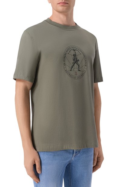 Хлопковая футболка BRUNELLO CUCINELLI хаки цвета по цене 75050 руб., арт. M0B138519, фото 3 Хлопковая футболка BRUNELLO CUCINELLI, арт. M0B138519, фото 3