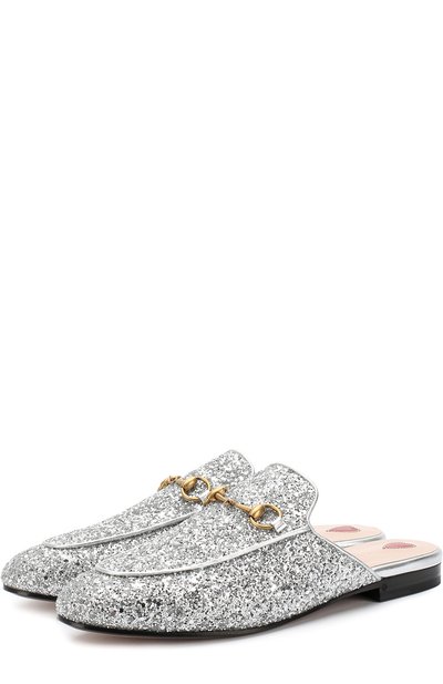 Кожаные сабо princetown с кружевной отделкой GUCCI серебряного цвета по цене 74500 руб., арт. 506398/KSP20, фото 1 Кожаные сабо princetown с кружевной отделкой GUCCI, арт. 506398/KSP20, фото 1