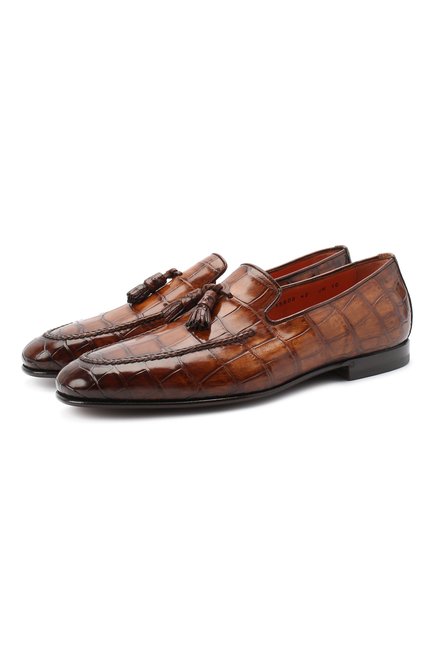 Мужс�кие лоферы из кожи аллигатора SANTONI PRECIOUS коричневого цвета, арт. MPNC15608SA2ECW0M42/AMIS | Фото 1 (Материал внешний: Экзотическая кожа, Кожа; Материал внутренний: Натуральная кожа; Мужское Кросс-КТ: Лоферы-обувь; Стили: Классический)