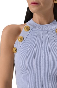 Женский топ из вискозы BALMAIN голубого цвета, арт. EF1AB390/KB07 | Фото 5 (Материал внешний: Вискоза; Длина (для топов): Укороченные; Драгоценные камни: Проставлено; Материал сплава: Проставлено; Стили: Романтичный; Кросс-КТ: костюм; Рукава: Без рукавов)